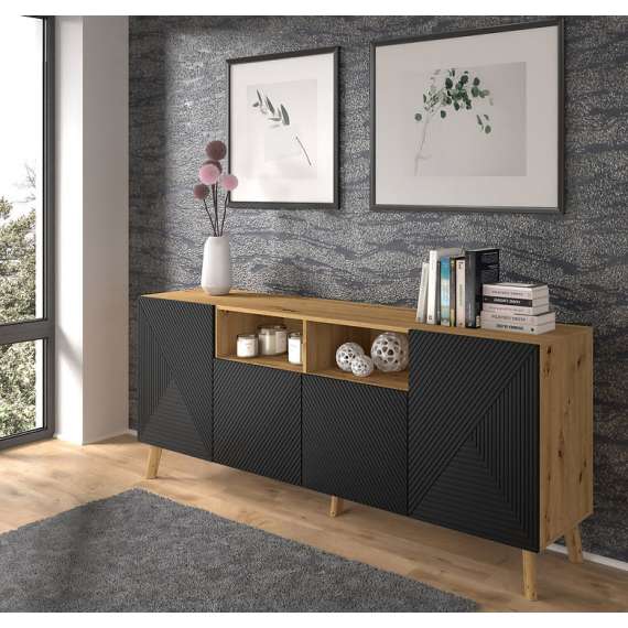 Skjenk Luxi 195x80 cm - eik artisan - svart - 4 dører - med bein