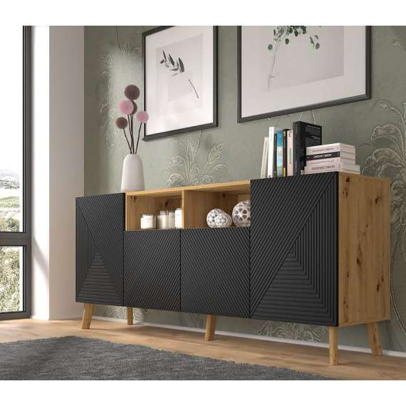 Skjenk Luxi 195x80 cm - eik artisan - svart - 4 dører - med bein