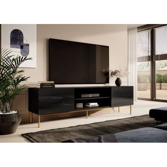 Tv-benk Slido 200x57 cm - Svart høyglans/Gull