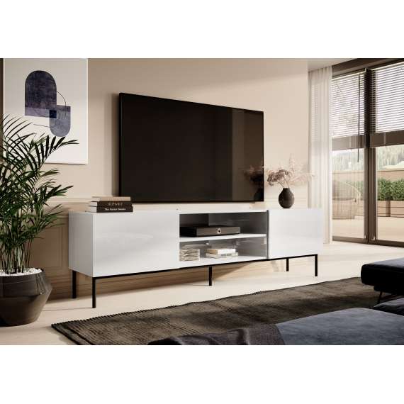 Tv-benk Slido 200x57 cm - Hvit høyglans/Svart