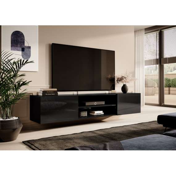 Tv-benk Slido 200x37 cm - Svart høyglans - med hyller