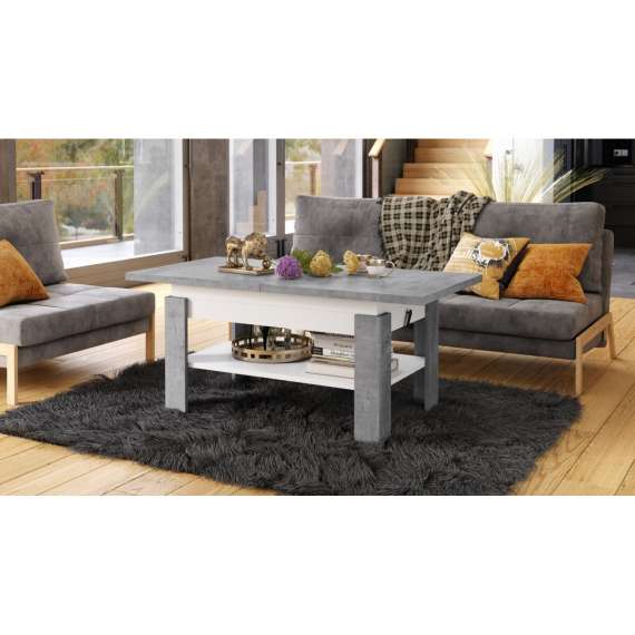 Sofabord Rio 130x55/67 cm - betong - hvit matt - justerbar høyde