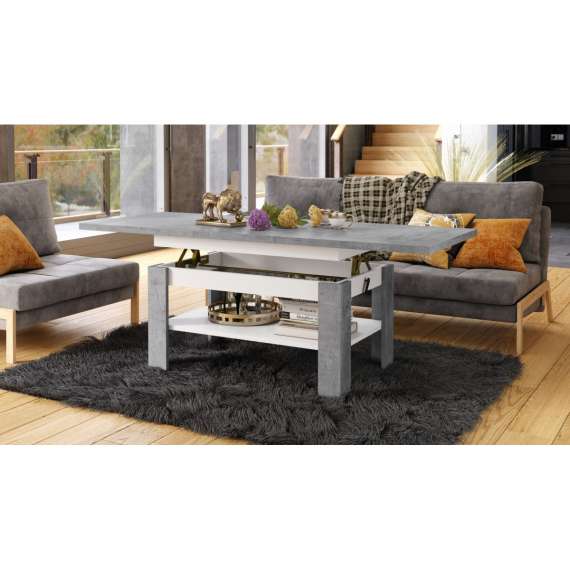 Sofabord Rio 130x55/67 cm - betong - hvit matt - justerbar høyde