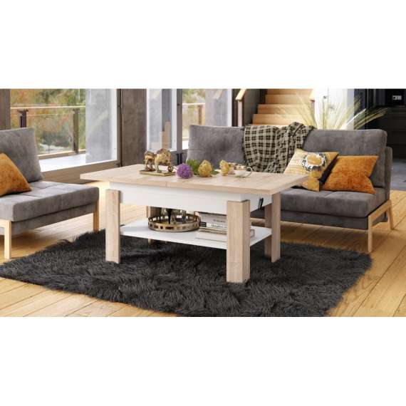 Sofabord Rio 130x55/67 cm - eik sonoma - hvit matt - justerbar høyde