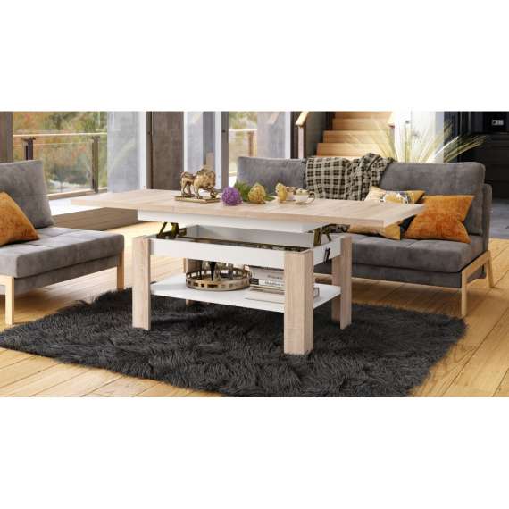 Sofabord Rio 130x55/67 cm - eik sonoma - hvit matt - justerbar høyde
