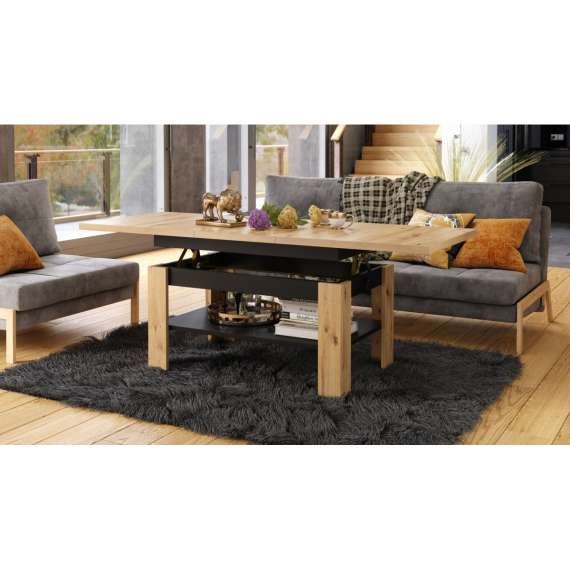 Sofabord Rio 130x55/67 cm - eik artisan - svart matt - justerbar høyde