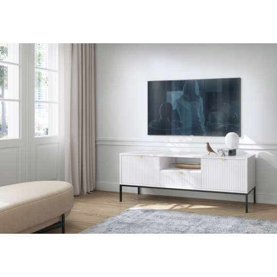 Tv-benk Nova 154x56 cm - Hvit matt - Spiler - metallben