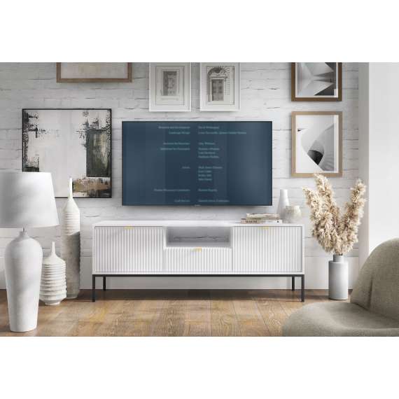 Tv-benk Nova 154x56 cm - Hvit matt - Spiler - metallben