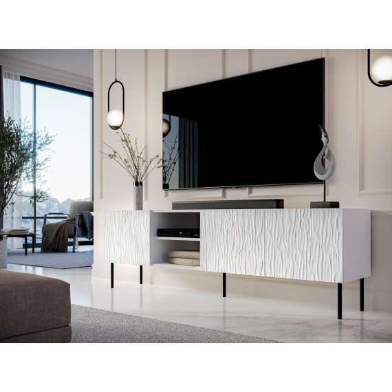 Tv-benk Jung 190x59 cm - Freste fronter - Hvit matt - med ben