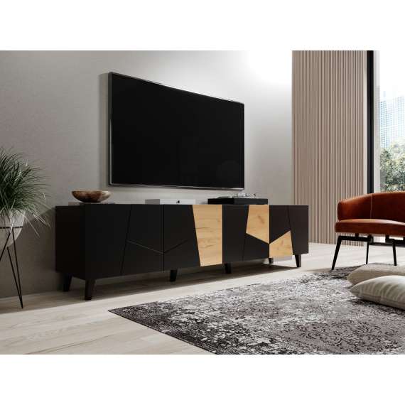 Tv-benk Etna 200x52 cm - Svart matt - Eik - med ben