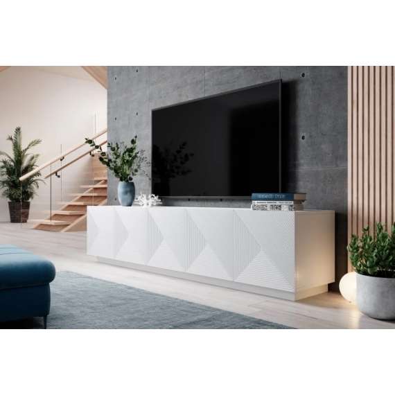 Tv-benk Ash 200x46 cm - 5 dører - Hvit matt - med riller