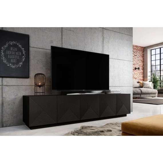Tv-benk Ash 200x46 cm - 5 dører - Svart matt - med riller