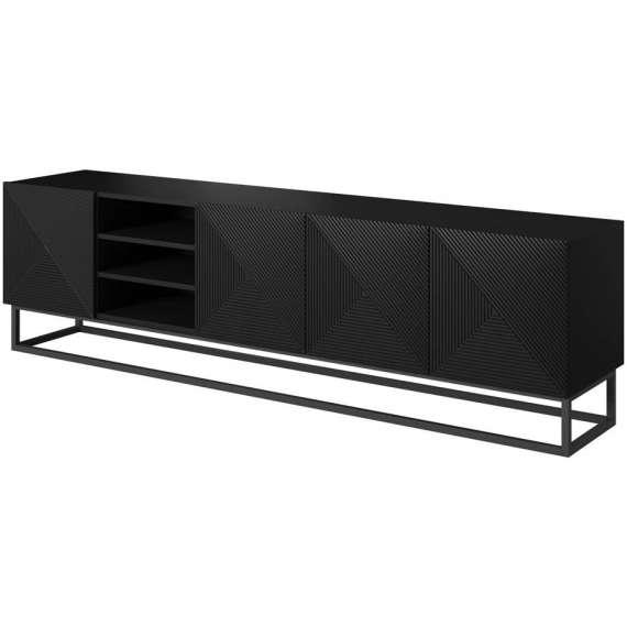 Tv-benk Ash 200x56 cm - 4 dører - med hyller - Svart matt