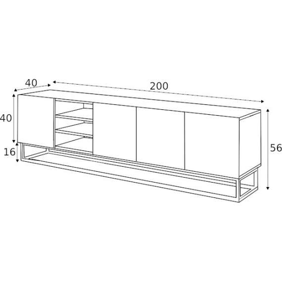Tv-benk Ash 200x56 cm - 4 dører - med hyller - Svart matt