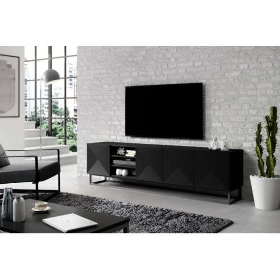 Tv-benk Ash 200x56 cm - 4 dører - med hyller - Svart matt