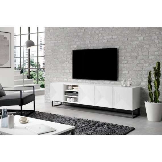 Tv-benk Ash 200x56 cm - 4 dører - med hyller - Hvit matt