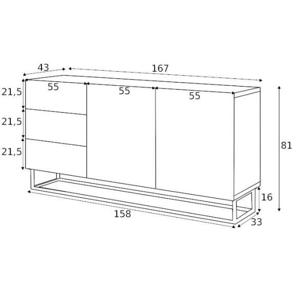 Skjenk Ash 167x81 cm - 2 dører - 3 skuffer