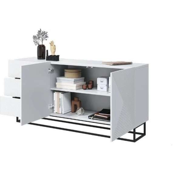 Skjenk Ash 167x81 cm - 2 dører - 3 skuffer - Hvit matt