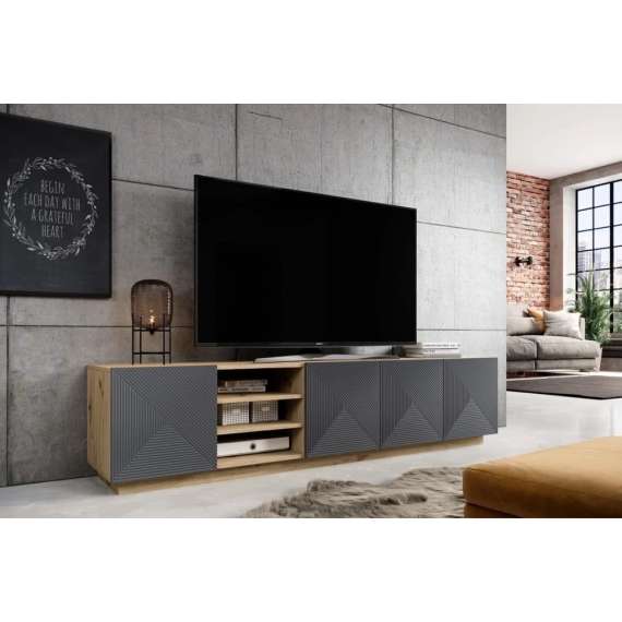 Tv-benk Ash 200x46 cm - 4 dører - med riller