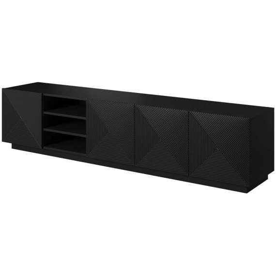 Tv-benk Ash 200x46 cm - 4 dører - med riller - Svart matt