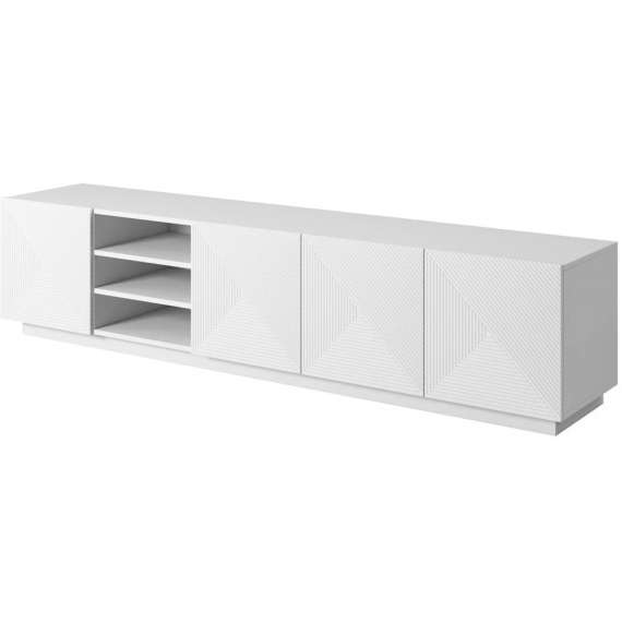 Tv-benk Ash 200x46 cm - 4 dører - med riller - Hvit matt