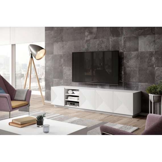 Tv-benk Ash 200x46 cm - 4 dører - med riller - Hvit matt