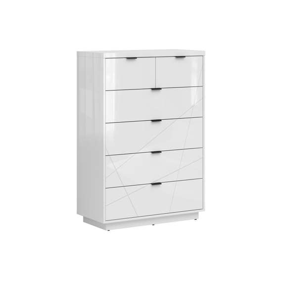 Kommode Forn 90x130 cm - Hvit høyglans - 6 skuffer