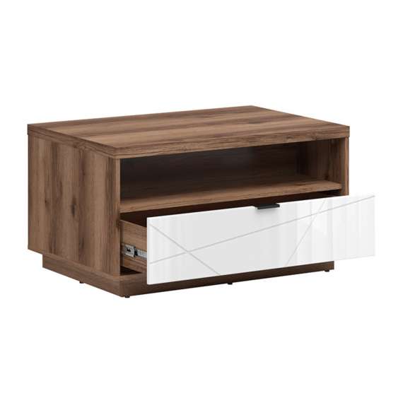 Sofabord FORN - 90x60 cm - eik delano - hvit høyglans - 1 skuff