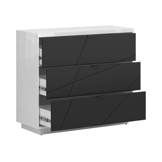 Kommode Forn 106x93 cm - hvit høyglans - svart matt - 3 skuffer