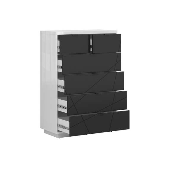 Kommode Forn 90x130 cm - hvit høyglans - svart matt - 6 skuffer
