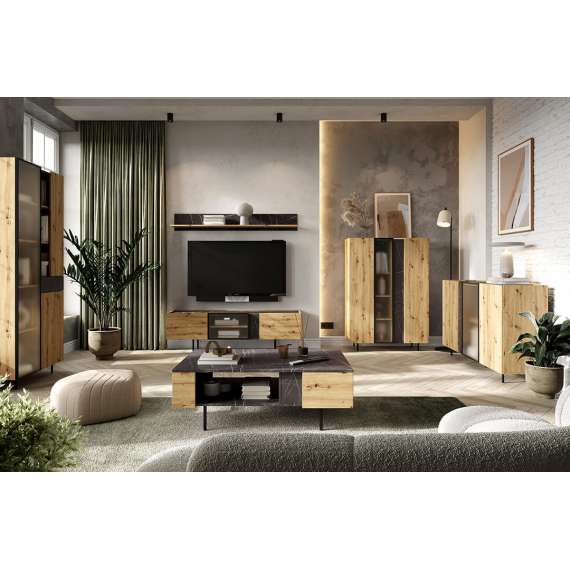 Vitrineskap Marmo 100x142 cm - Eik - Marmor dekor - med ben