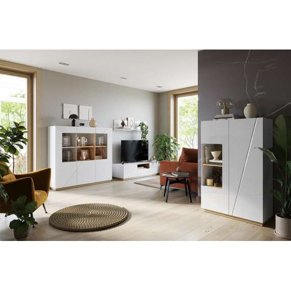 Skjenk Futura 150x91 cm - 3 dører - 3 skuffer - Hvit høyglans