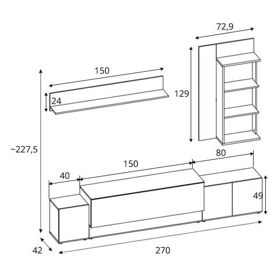Tv-seksjon Canora 270 cm - Antrasitt - med belysning
