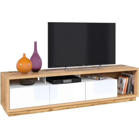 Tv-benk Celine 200x50 cm - Eik - Hvit høyglans