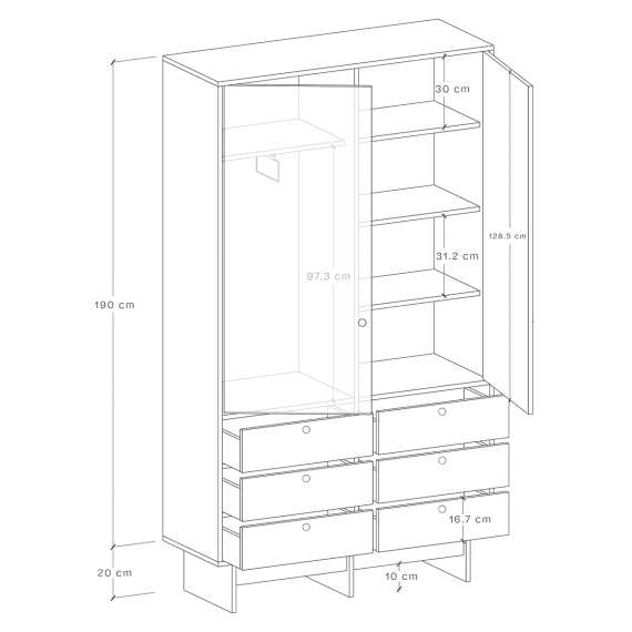 Garderobe Kabe SZK03 90-120x210 cm - Flere farger - 2 dører - 6 skuffer