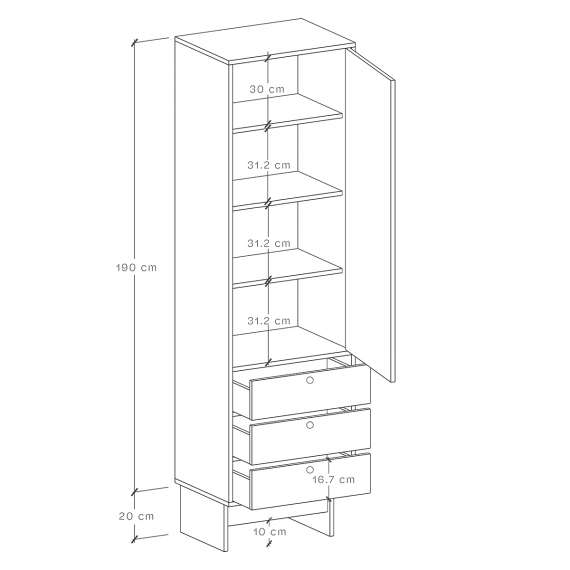 Skap Kabe SK03 40-60x210 cm - 1 dør - 3 skuffer -  flere farger
