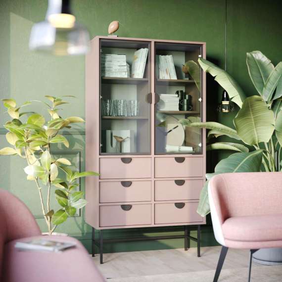 Vitrineskap Sigi 80-100x193 cm - 6 skuffer - Glassdører