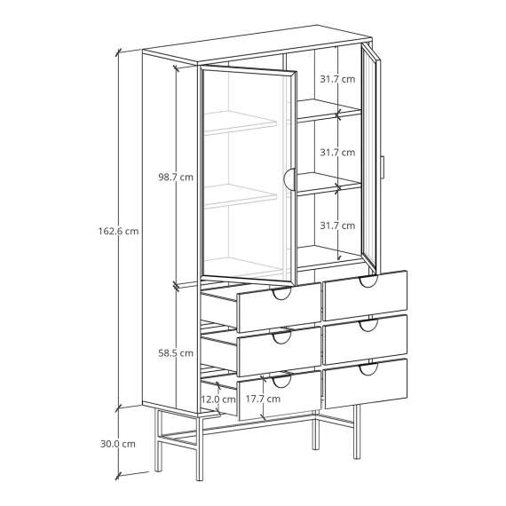 Vitrineskap Sigi 80-100x193 cm - 6 skuffer - Glassdører