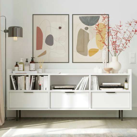 Sigi tv-benk 150-180x62 cm - med ben -  3 skuffer