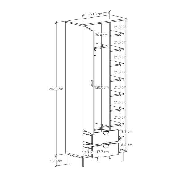 Garderobe Sigi 80-100x217 cm - 2 skuffer - Velg farge og bredde selv