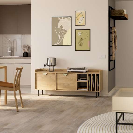 Tv-bord Sigi 150-180x62 cm - med hyller og vinyloppbevaring