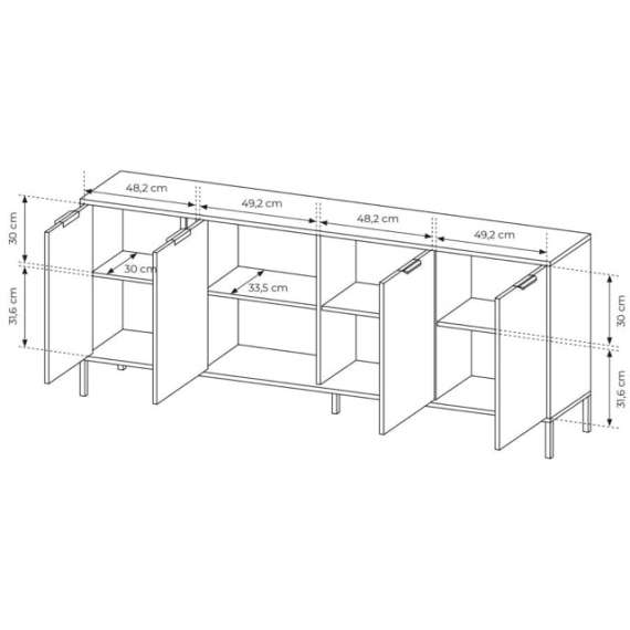 Skjenk Lars 203x82 cm - med ben - 4 dører - Antrasitt