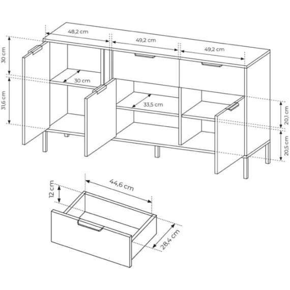 Skjenk Lars 153x82 cm - 2 skuffer - 3 dører - Antrasitt