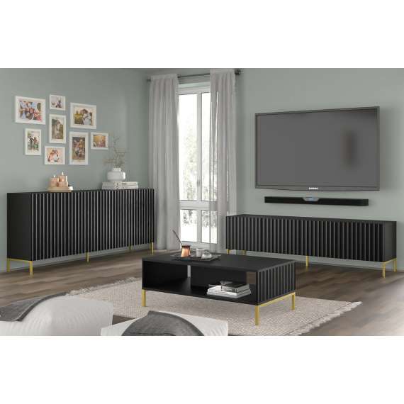 Tv-benk Wave 200 cm - 2 dører - 2 skuffer - svart matt - metall ben