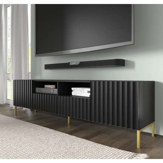 Tv-benk Wave 200 cm - 2 dører - 2 skuffer - svart matt - metall ben