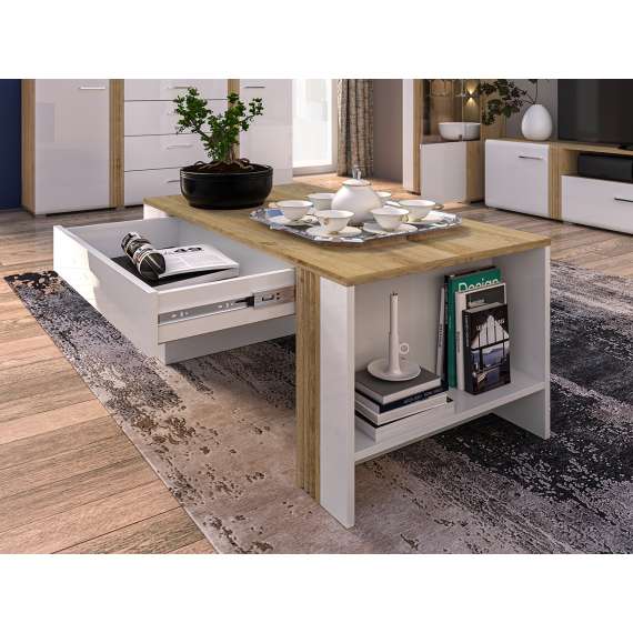 Sofabord Adagio 109x48 cm - eik castello - hvit høyglans