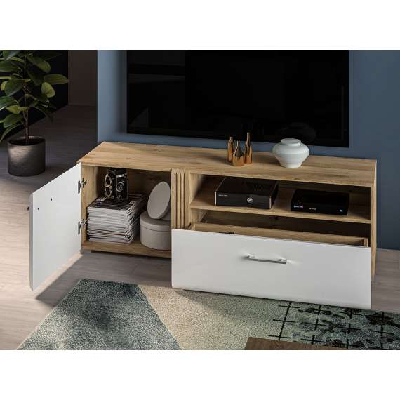 Tv-benk Adagio 150x47 cm - eik castello - hvit høyglans fronter - 1 dør - 1 skuff