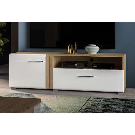 Tv-benk Adagio 150x47 cm - eik castello - hvit høyglans fronter - 1 dør - 1 skuff