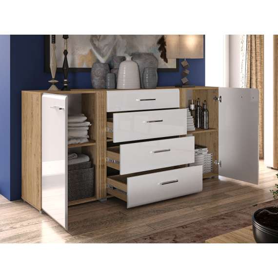 Skjenk Adagio 190x90 cm - eik castello - hvit høyglans fronter - 2 dører - 4 skuffer