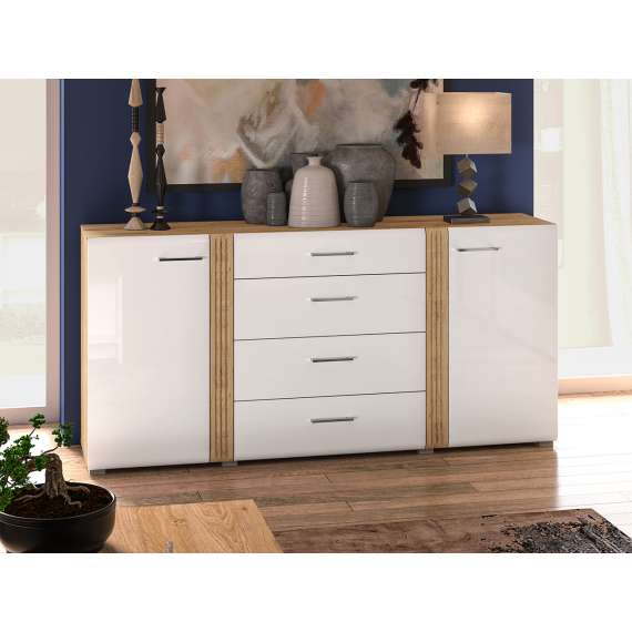 Skjenk Adagio 190x90 cm - eik castello - hvit høyglans fronter - 2 dører - 4 skuffer